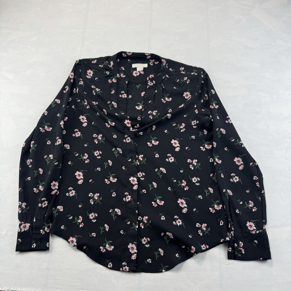 Finn & Grace Floral Blouse Women's XS Black Pink Long Sleeve Career Top